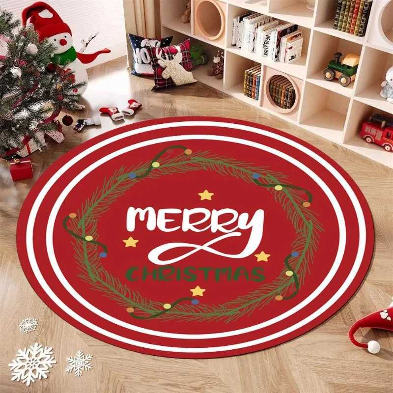 Christmas Round Carpet Holiday Party Decor Floor Mat Santa Gingerbread Bell Snowman Print Anti-slip Rug for Bedroom Living RoomM251126