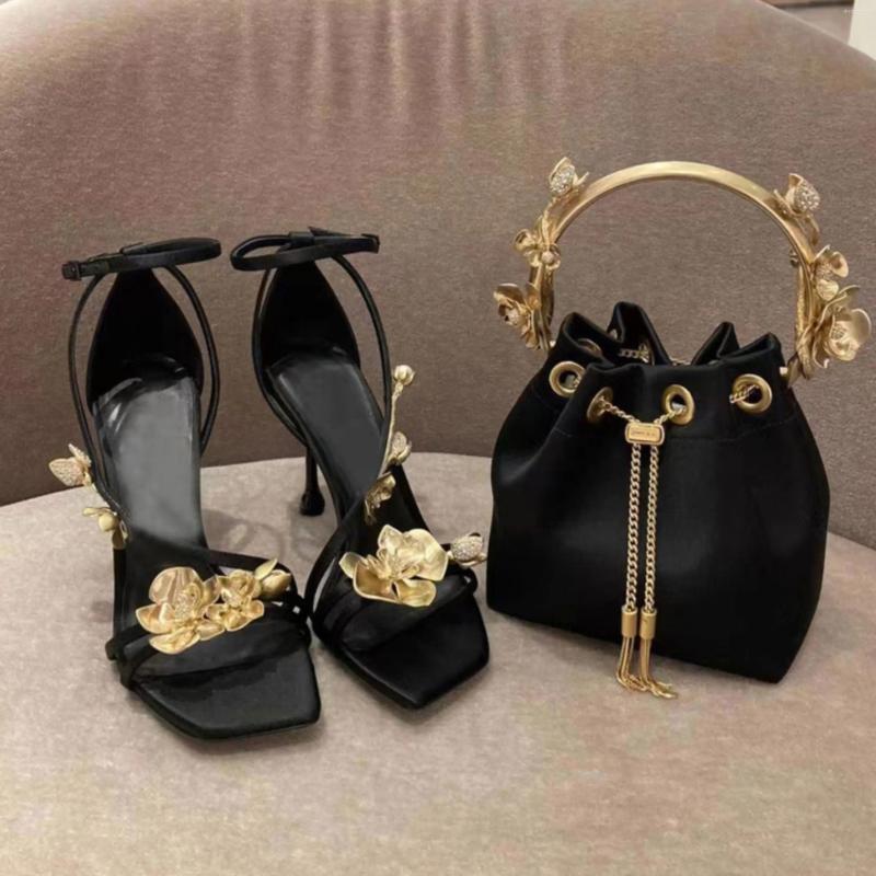 Sandals Arrival Summer Gold Flower Design High Heels Shoes Woman Sandalias Mujer Black Lady Pumps Metal Decoration Slippers