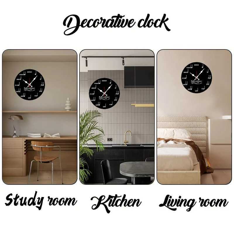 Music Note Wooden Round Silent Hanging Wall Clock Suitable For Living Room Office Study Room Bedroom Home Decoration C251126