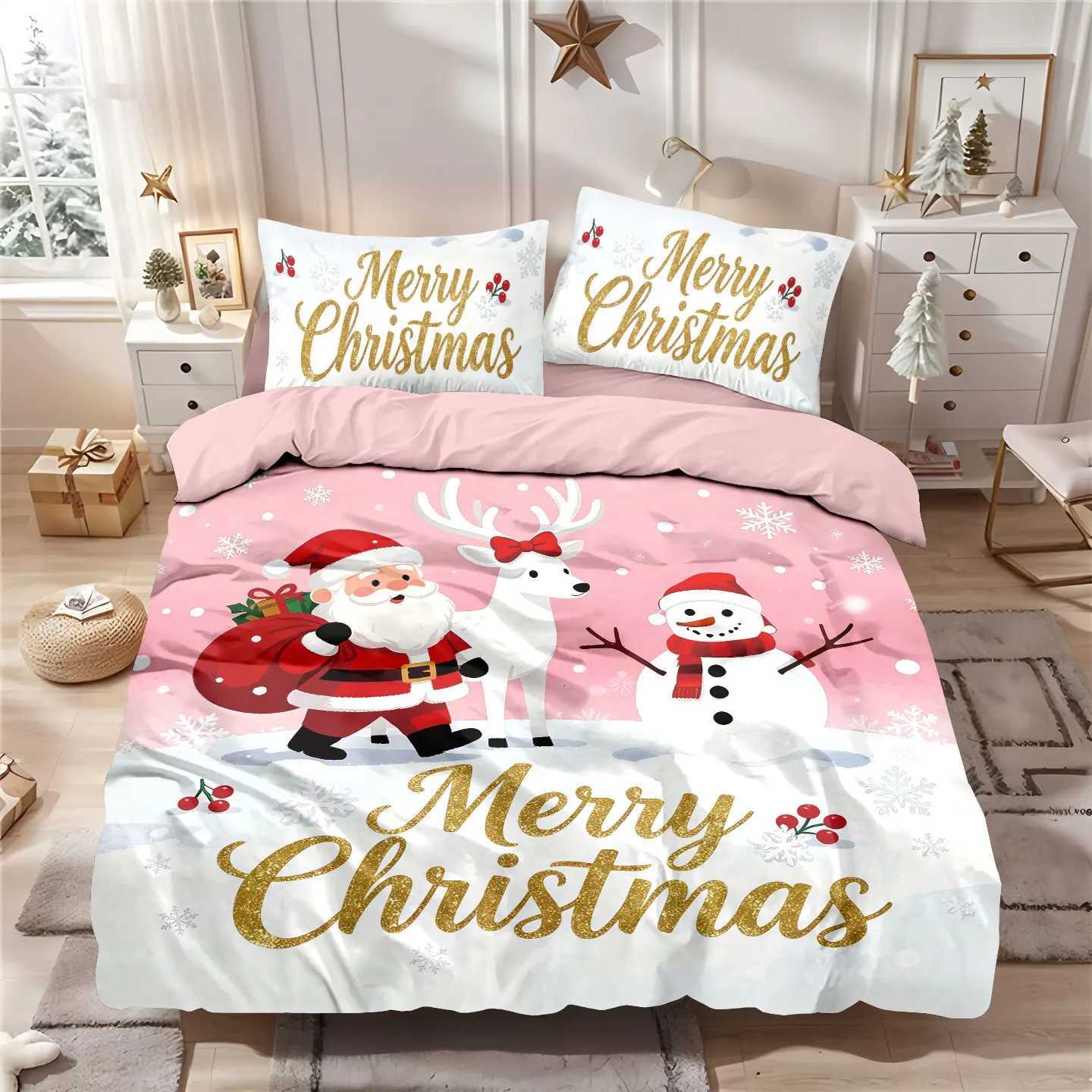 Christmas 3pcs Santa Claus printed coreless down comforter set with soft bedroom and dormitory decorations in various sizes Y251126