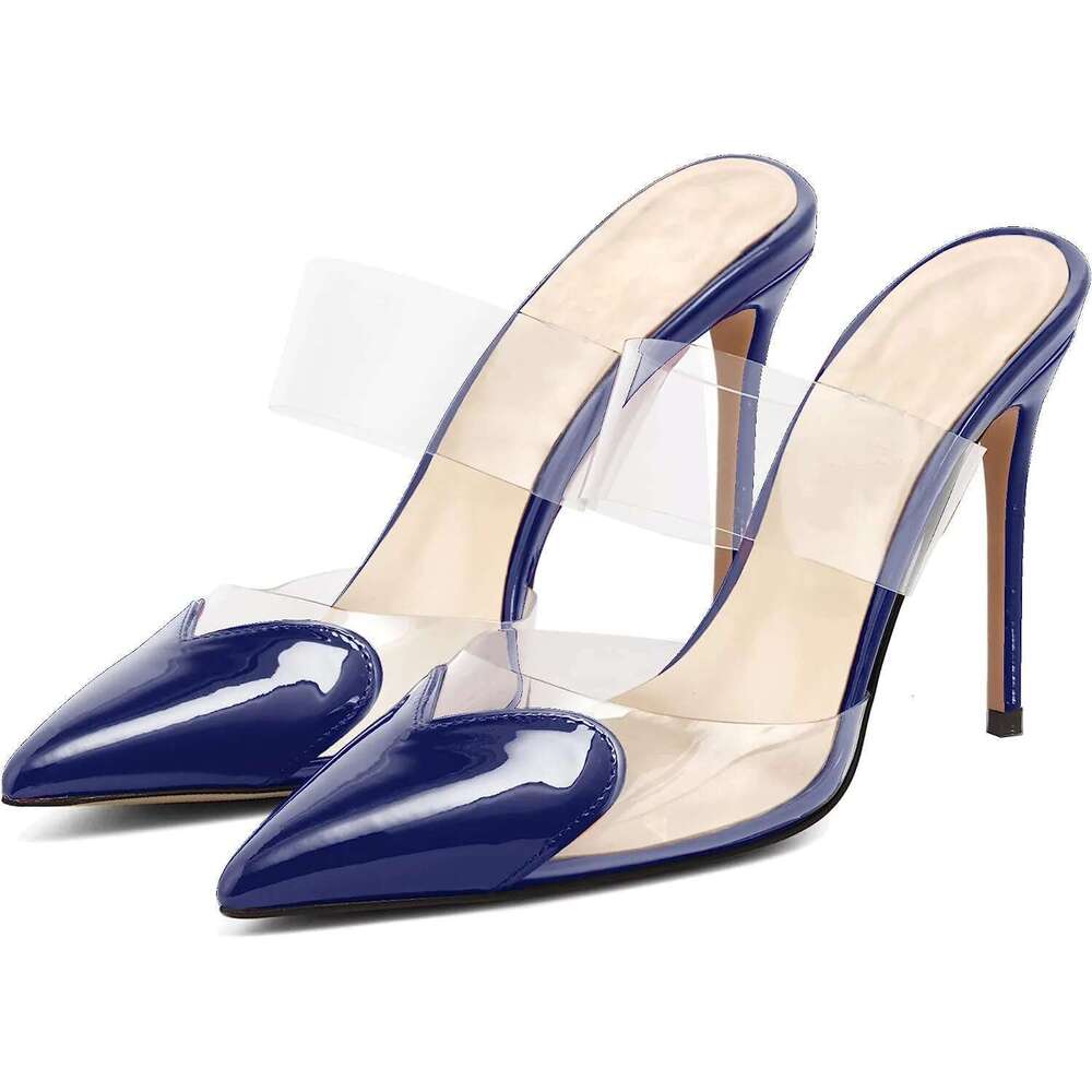 Summer new pointed heart-shaped patent leather transparent PVC fashion slippers sto-heeled banquet dress large size women sandal