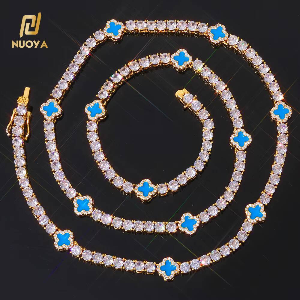 NUOYA Hip Hop Fine Jewelry Iced Out Diamond Tennis Chain Necklace Gold Plated Colorful Four Leaf Clover Tennis Chain for Women