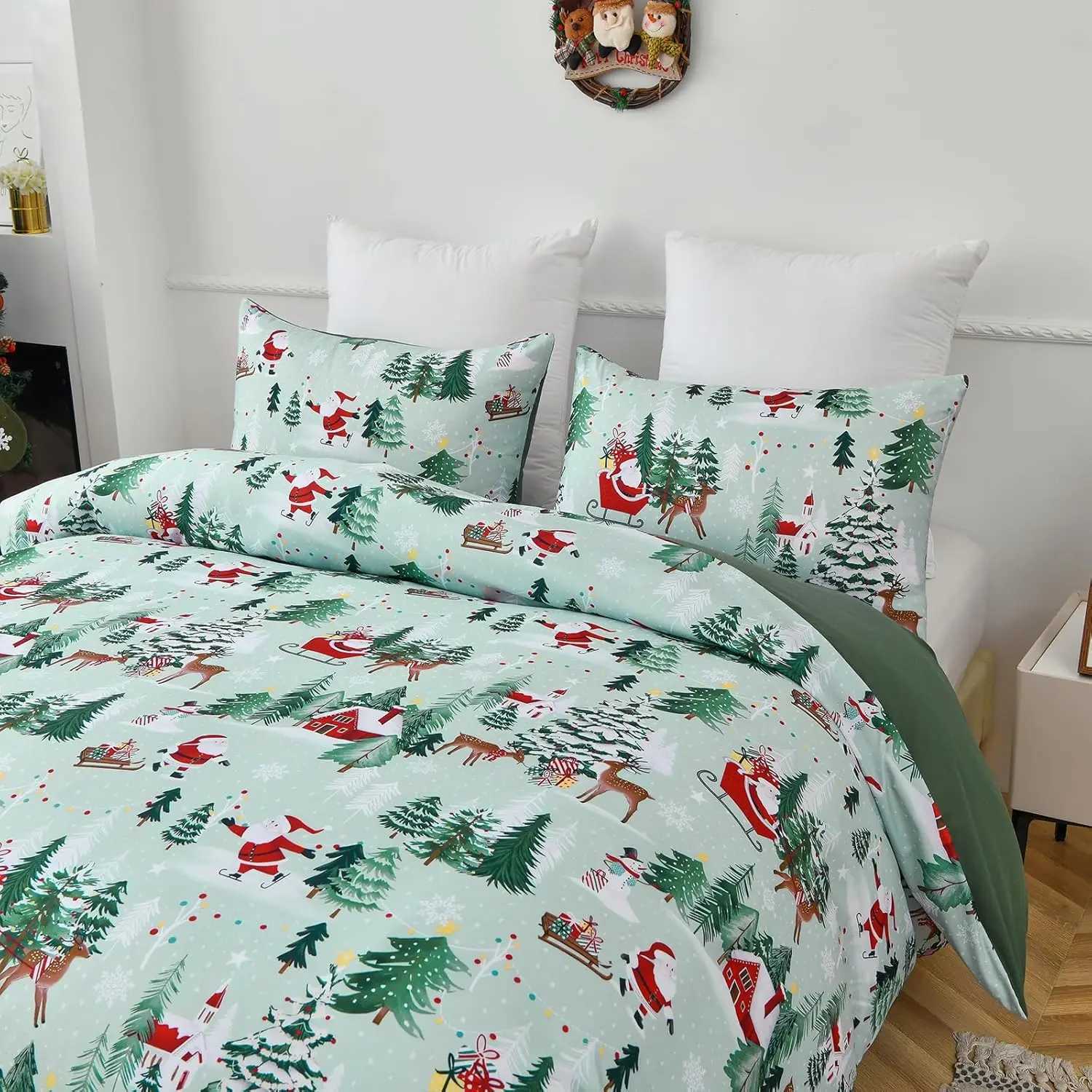 Christmas Green Christmas Duvet Cover Set - Double Santa Claus Christmas Tree Snowflake Pattern Soft Microfiber Bedding Set Y251126