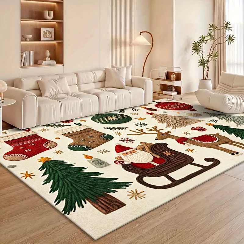 Cartoon Christmas Carpet Santa Snowman Rug Reindeer Stocking Mat White Colorful Home Decoration Non-Slip Living Room Floor MatM251126