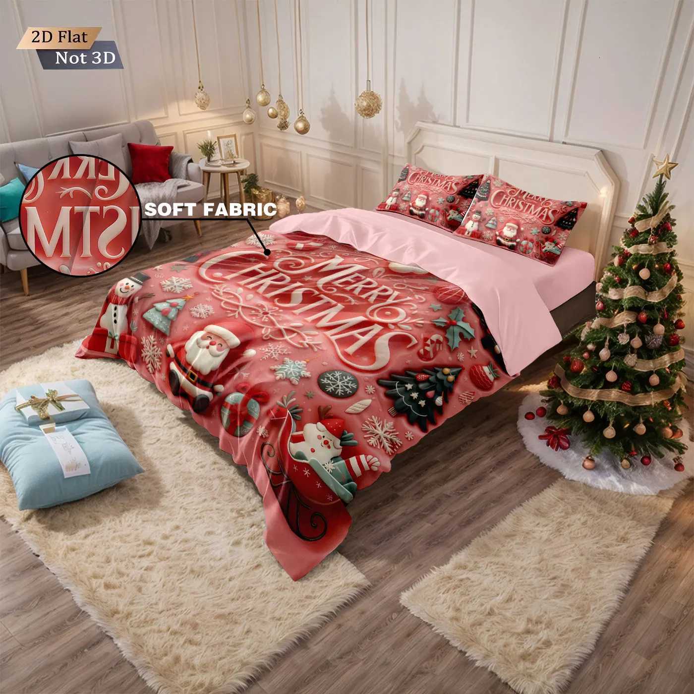 Christmas 3pcs imitation relief Santa Claus print coreless duvet cover set multi size bedroom holiday bedding decoration machine washable Y251126