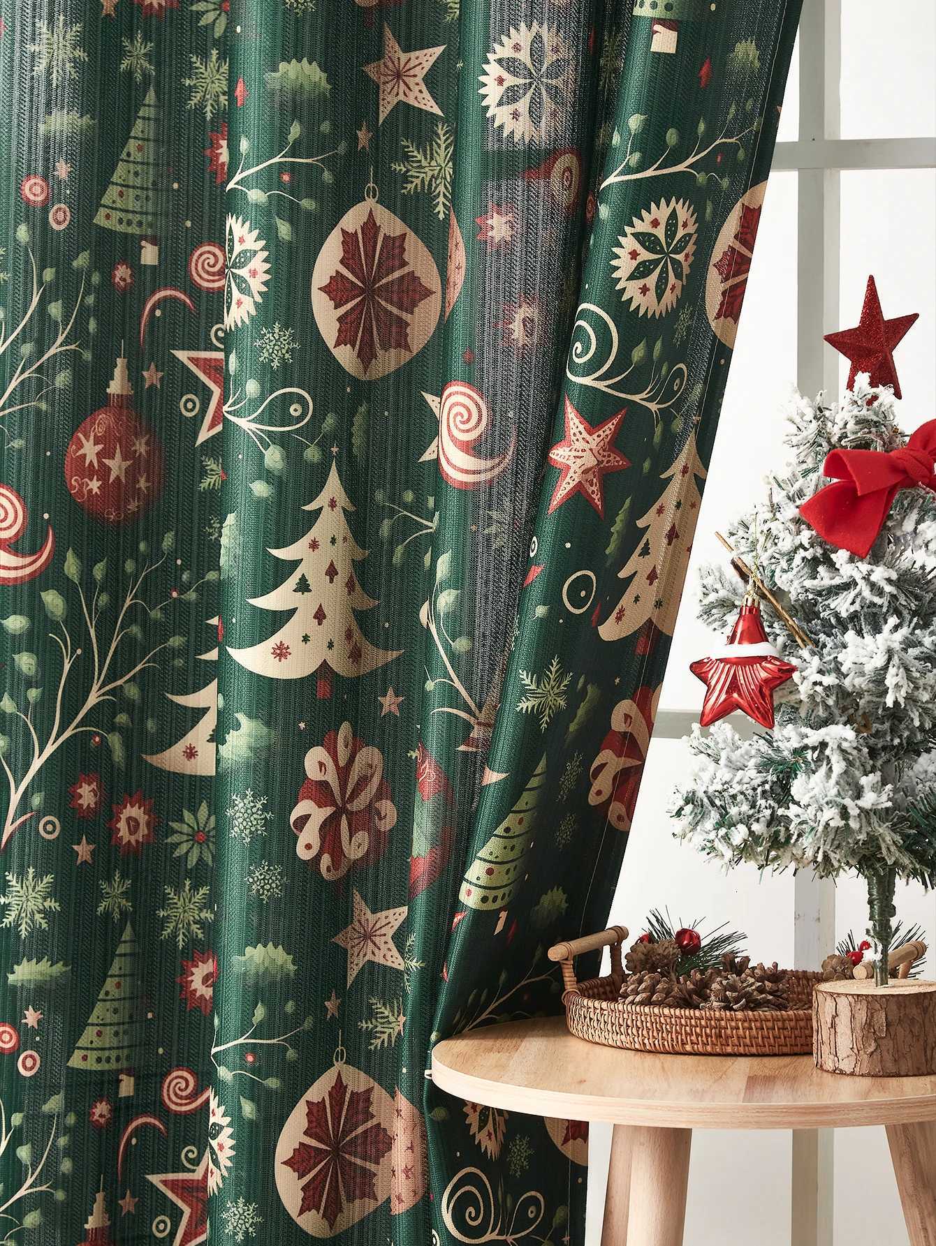 Curtain Christmas Green Christmas tree gifts curtains holiday party atmosphere curtains living room bedroom pole curtains Y251126
