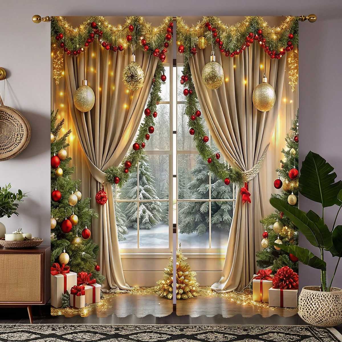 Christmas 2 pieces of HD digital curtain printing simulation valance yellow tie Christmas green latte red balloon home decoration style de Y251126