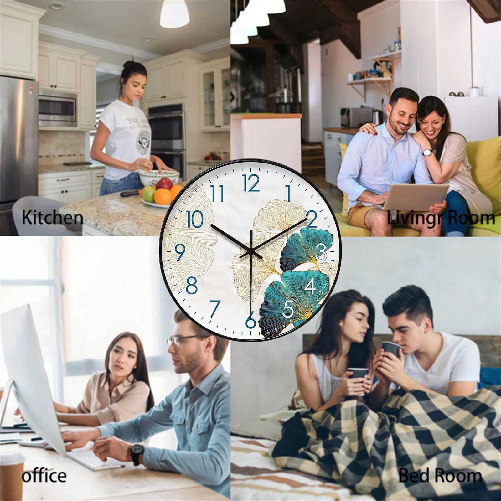 1pc modern simple wall clock golden Ginkgo leaf and peacock blue ginkgo leaf design wall clock home silent wall clock suitabl C251126