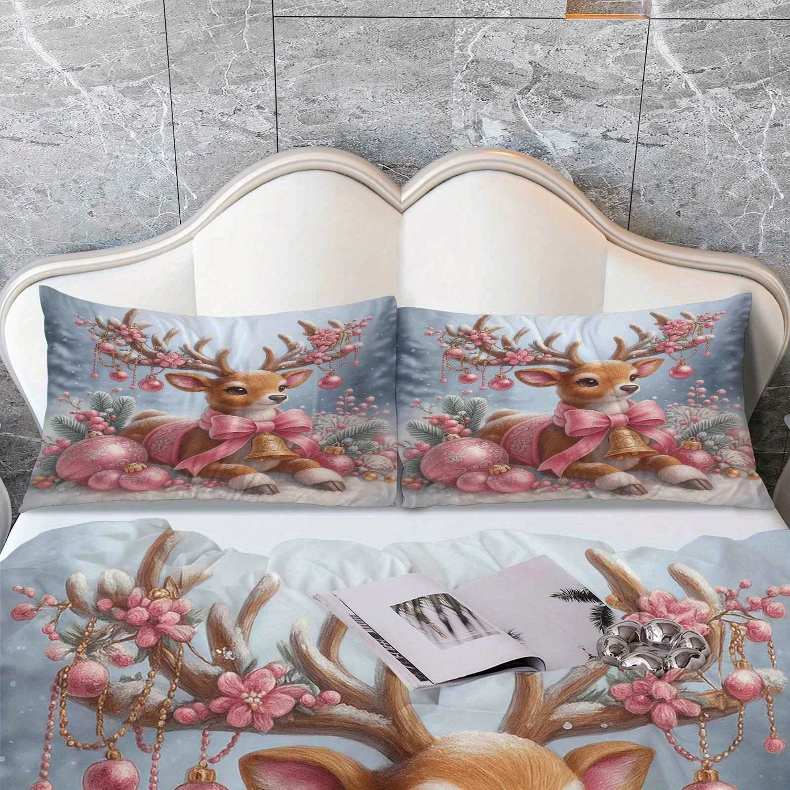 Christmas 3pcs Duvet Cover Set 1 Duvet2 Pillowcases Pink Christmas Deer Winter Snow Scene Theme Christmas Bedding Set Queen King Size Y251126