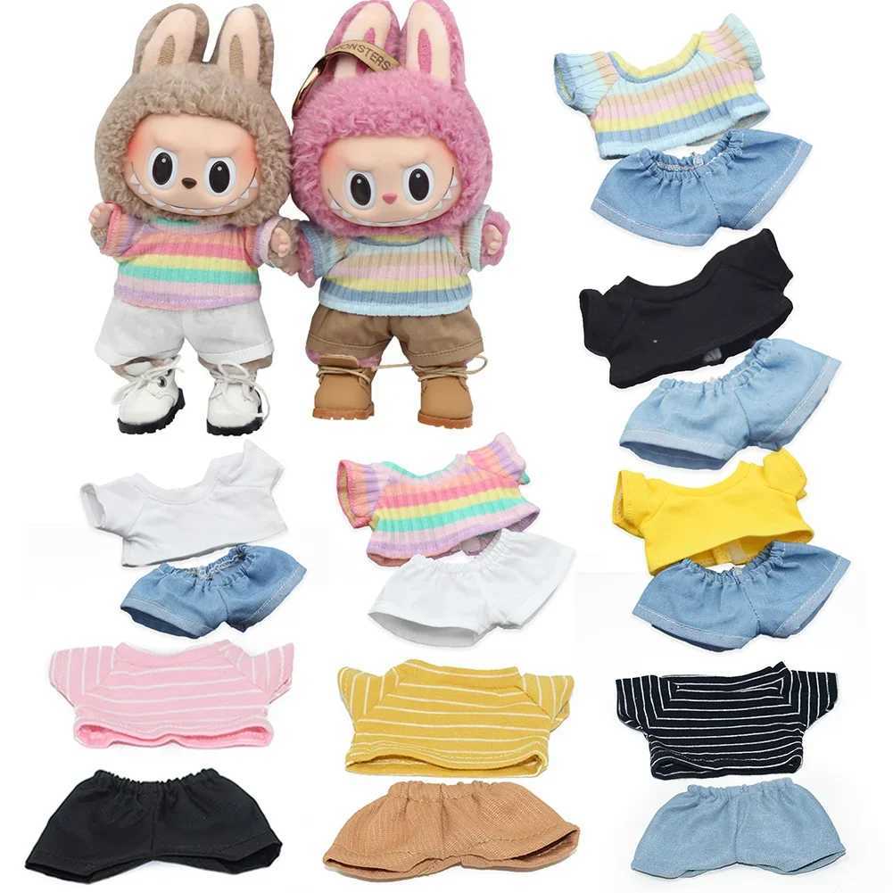 Used for 17cm Labubu idol doll casual doll clothing Labubu 10cm Cotoon doll T-shirt denim shorts set clothingT250425