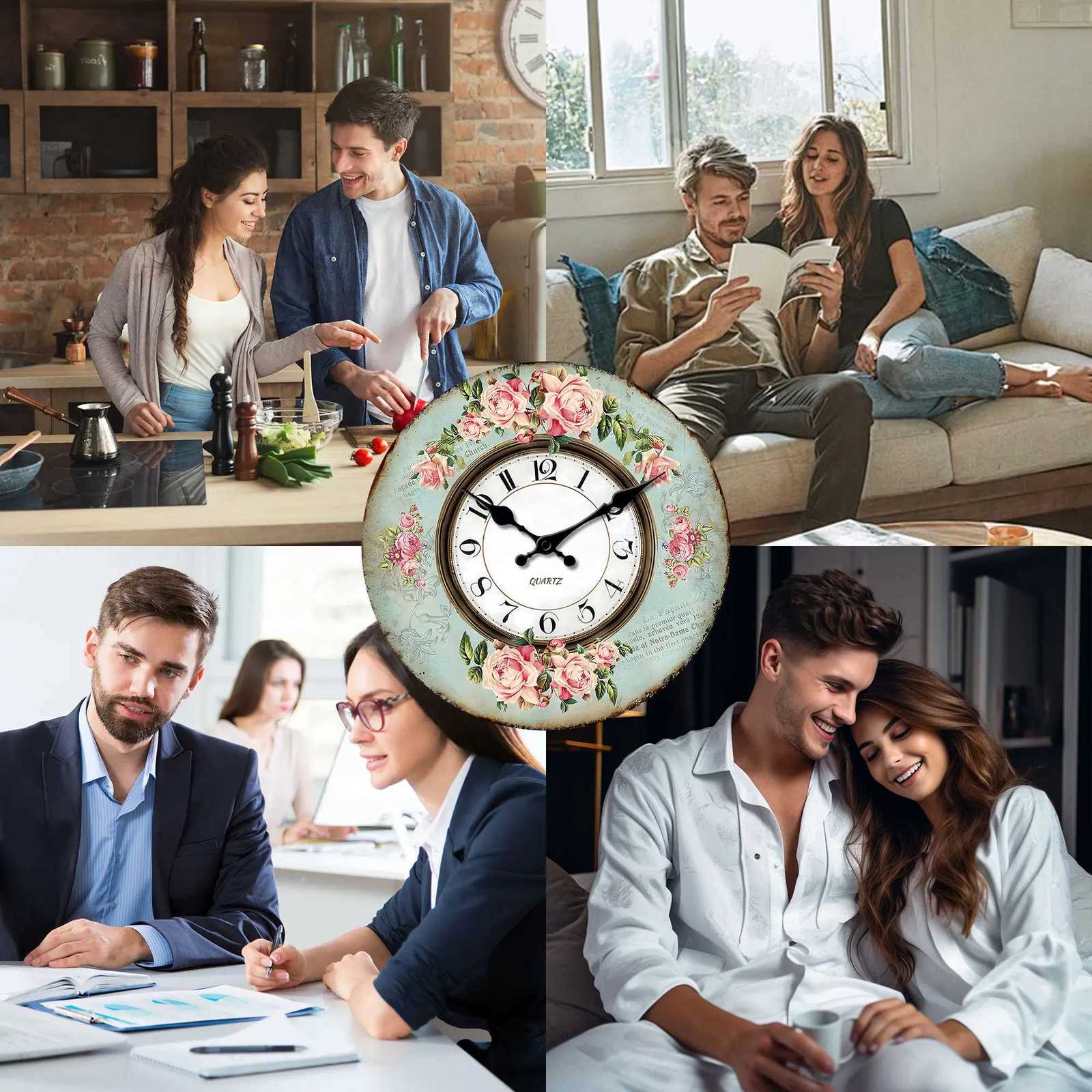 Retro romantic pink rose design light cyan wall clock 10-16 inches silent quartz suitable for living room bedroom patio C251126