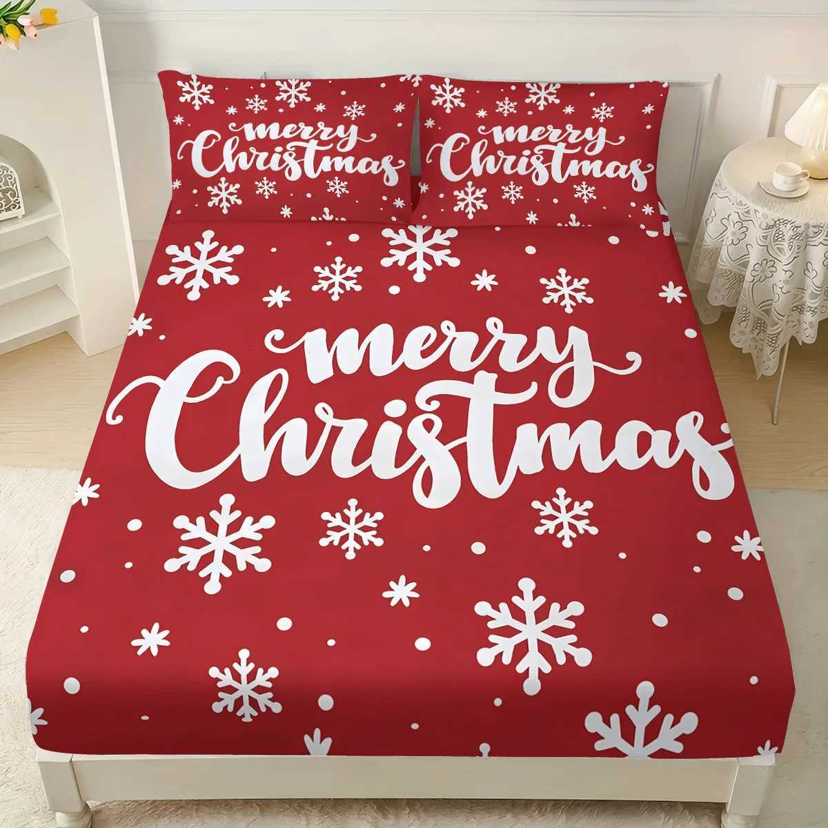 Christmas 3pcs Merry Christmas red print coreless Fitted Shee set multiple size soft bedcover bedroom bedding decorations machine washable Y251126