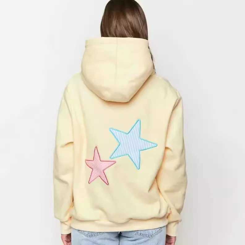 Womens Fleece-Lined Hoodie with Solid Color Star Print Kangaroo Pocket and Drawstring J251136