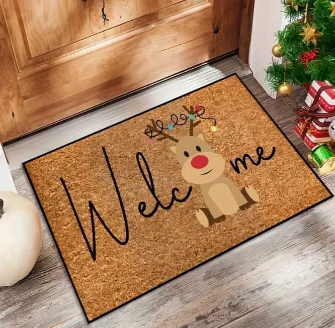 1pcs Holiday Christmas Doormat Anti Slip Welcome Mat with Reindeer and Tree Design for Home Garden Decoration RugsM251126