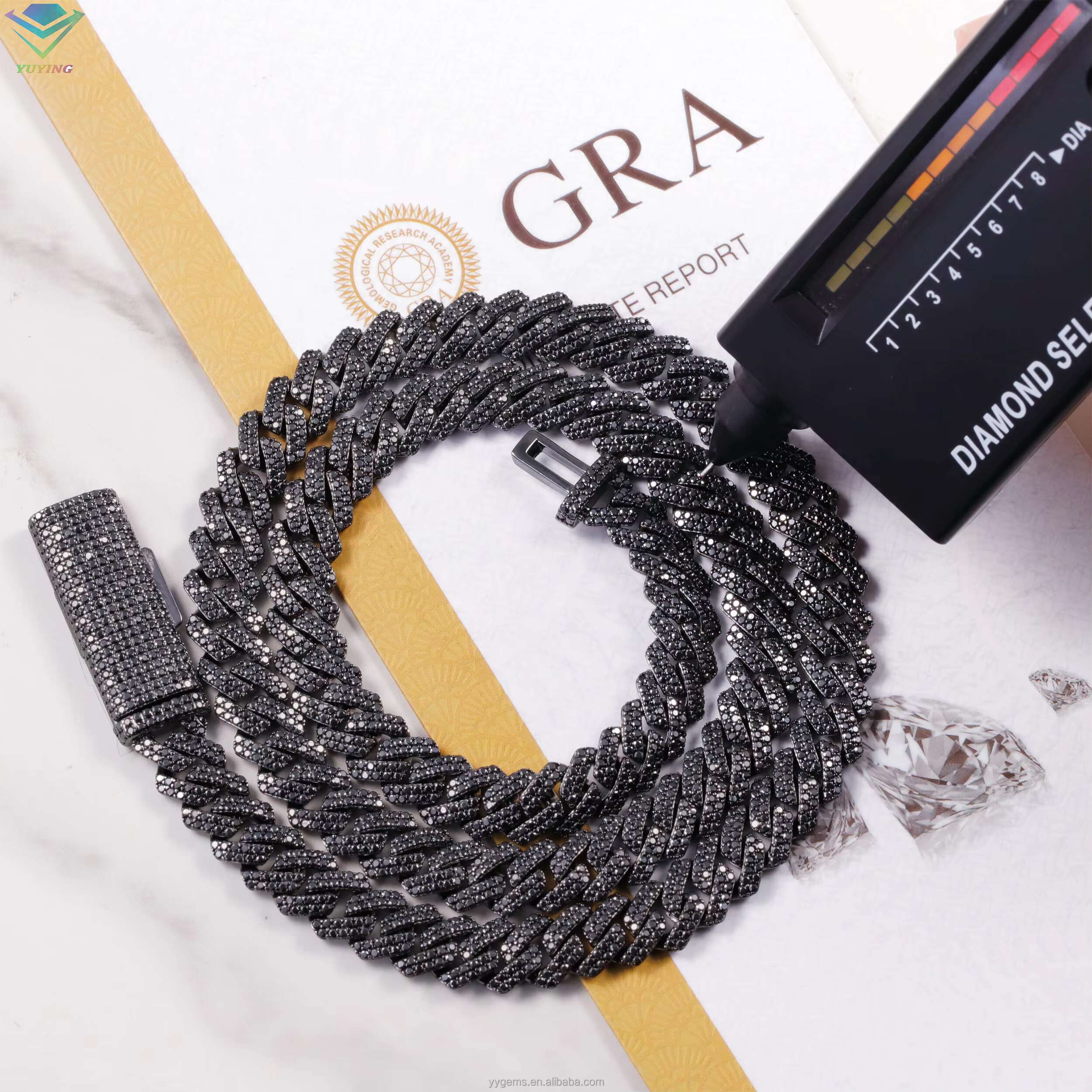 VVS Black Diamond 2rows 10mm 12mm S925 Silver Hip Hop Necklace For Men Black Moissanite Cuban Link Chain For Fashion Jewelry