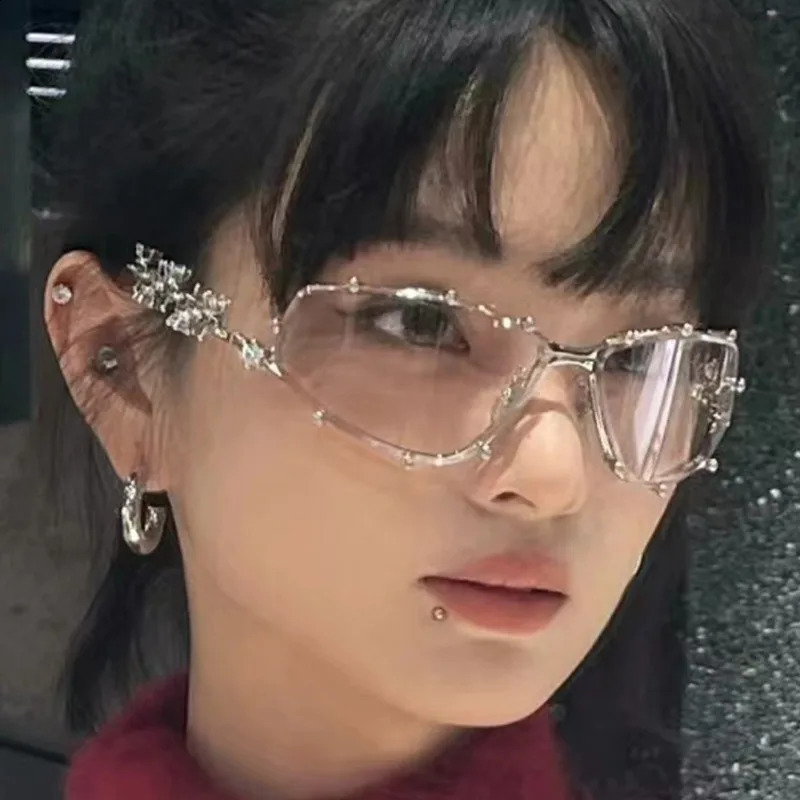 Rhinestone Irregular Sunglasses Women Men Silver Color Metal Small Frame Glasses Elegant Casual Sunglasses Fashion Accessories 250424