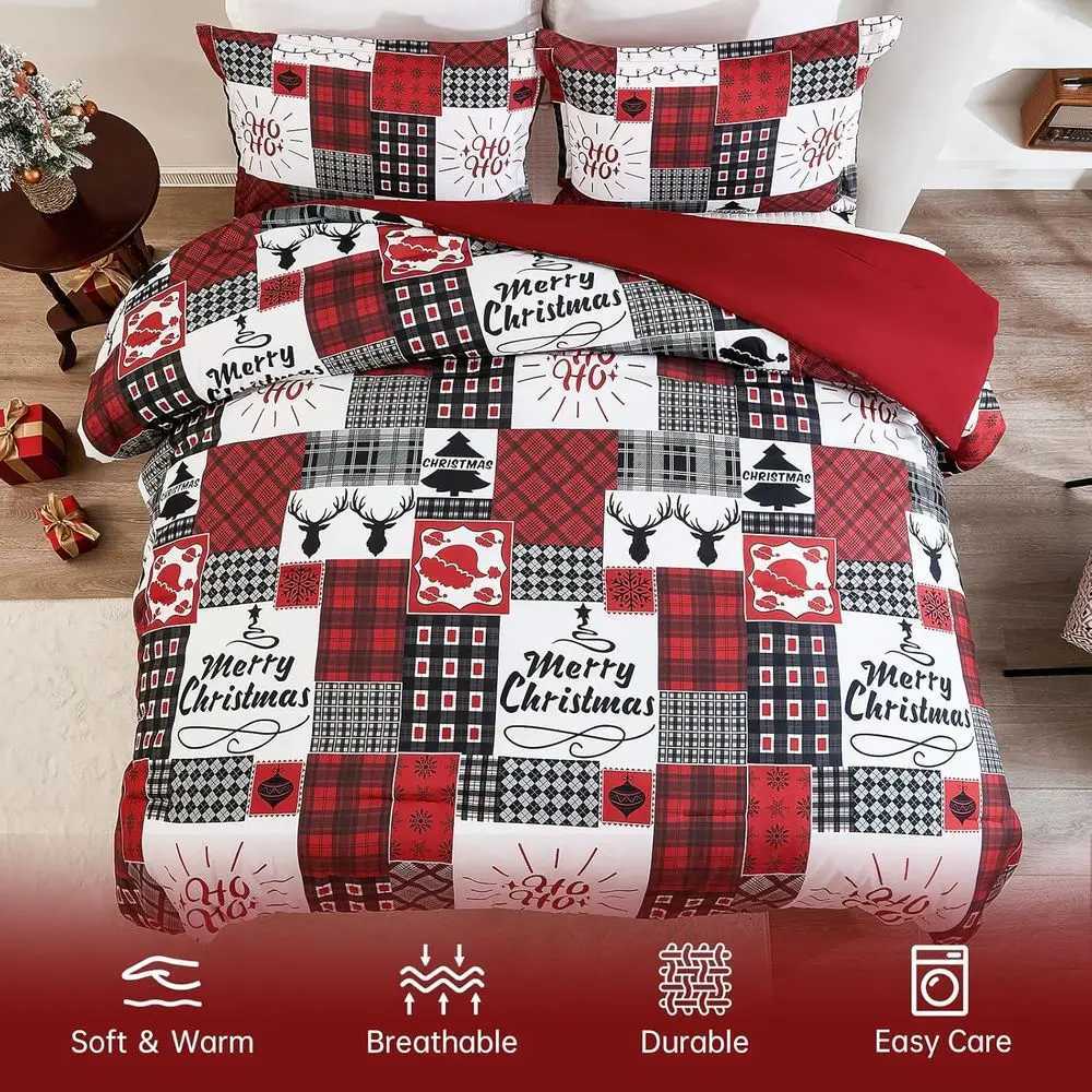 Christmas King Size Christmas Reindeer Plaid Duvet Cover Set - 3-Piece Rustic Holiday Bedding with Zipper for Fall Winter Y251126