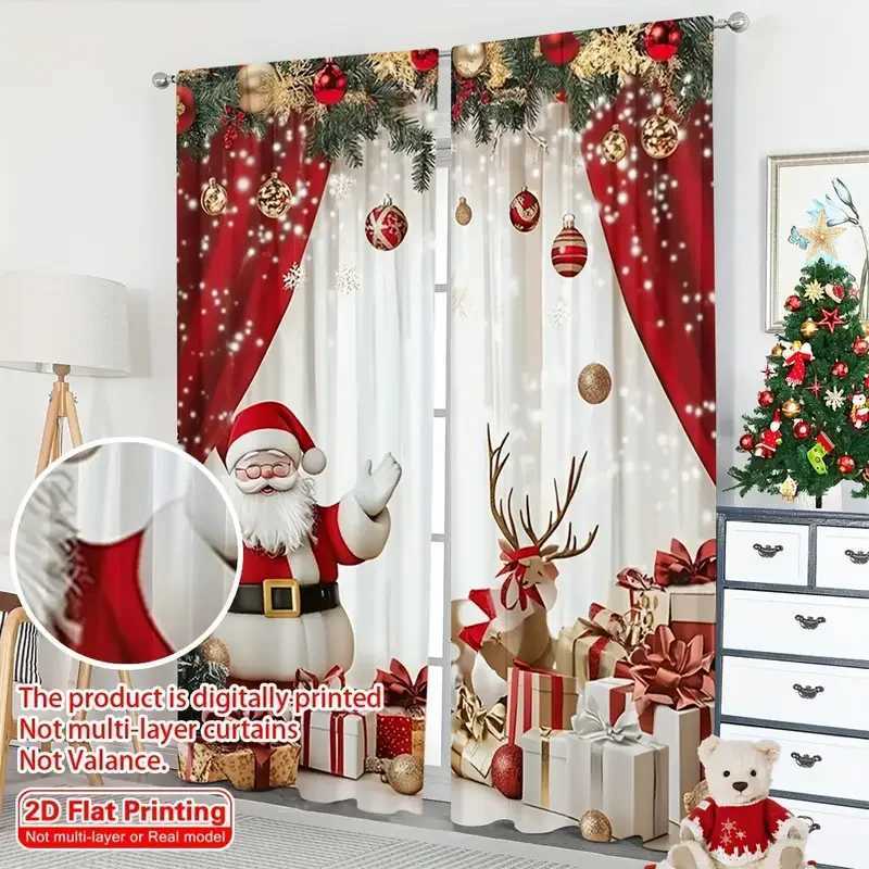Curtain Christmas 2pcs Christmas curtains with Santa Claus and reindeer patterns vivid design for Christmas family windows filter polyester Y251126