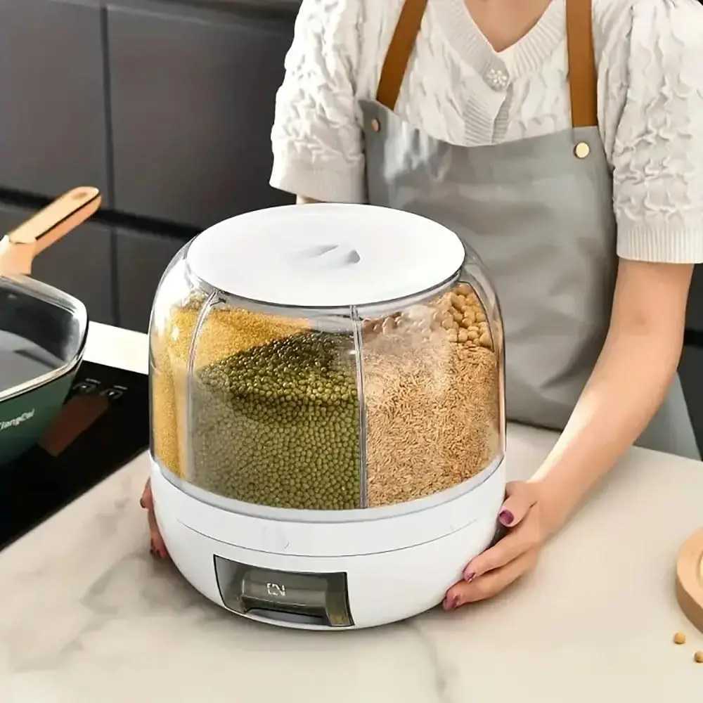 360 rotating food dispenser One-Click Output rice Storage Round Grain Dispenser Kitchen for Grains Beans Rice Y251126