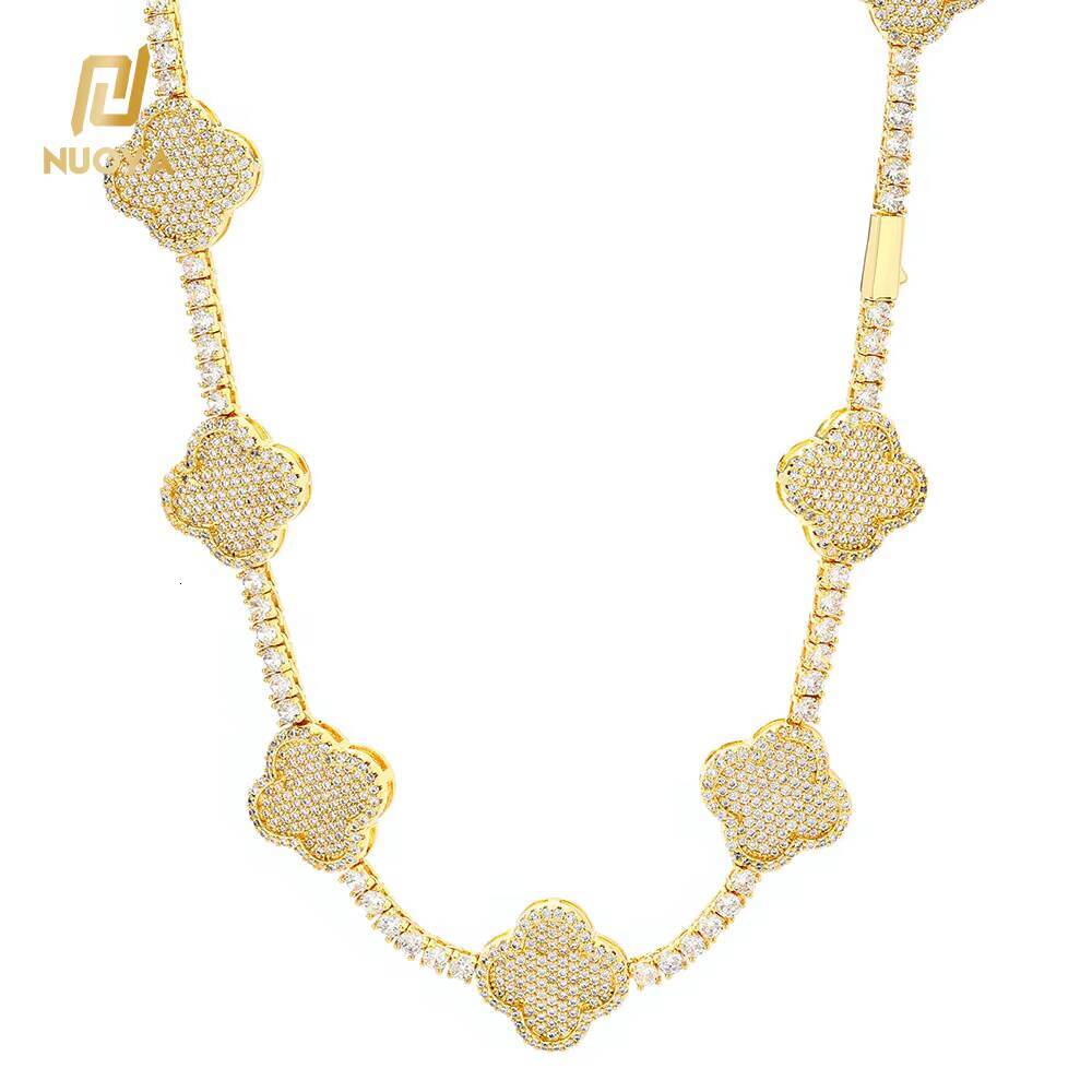 NUOYA Hip Hop Fine Jewelry Four-Leaf Clover Tennis Chain Necklace Women 18K Gold Plated 3a Zircon Iced Out Bling Diamond Chain