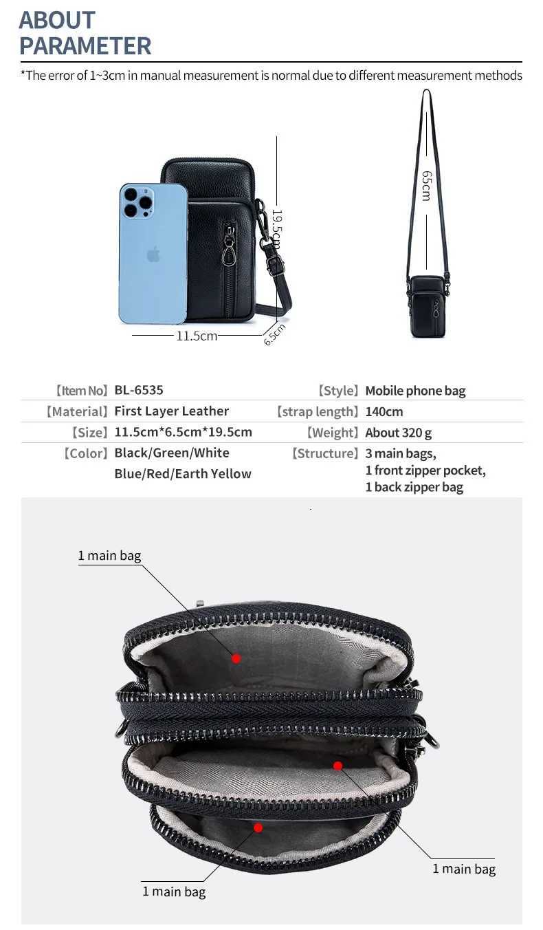 Lightweight Crossbody Messenger Bag Womens Cow Leather Small Shoulder Purse Multi Compartment Pocket Vertical Phone BagT251126