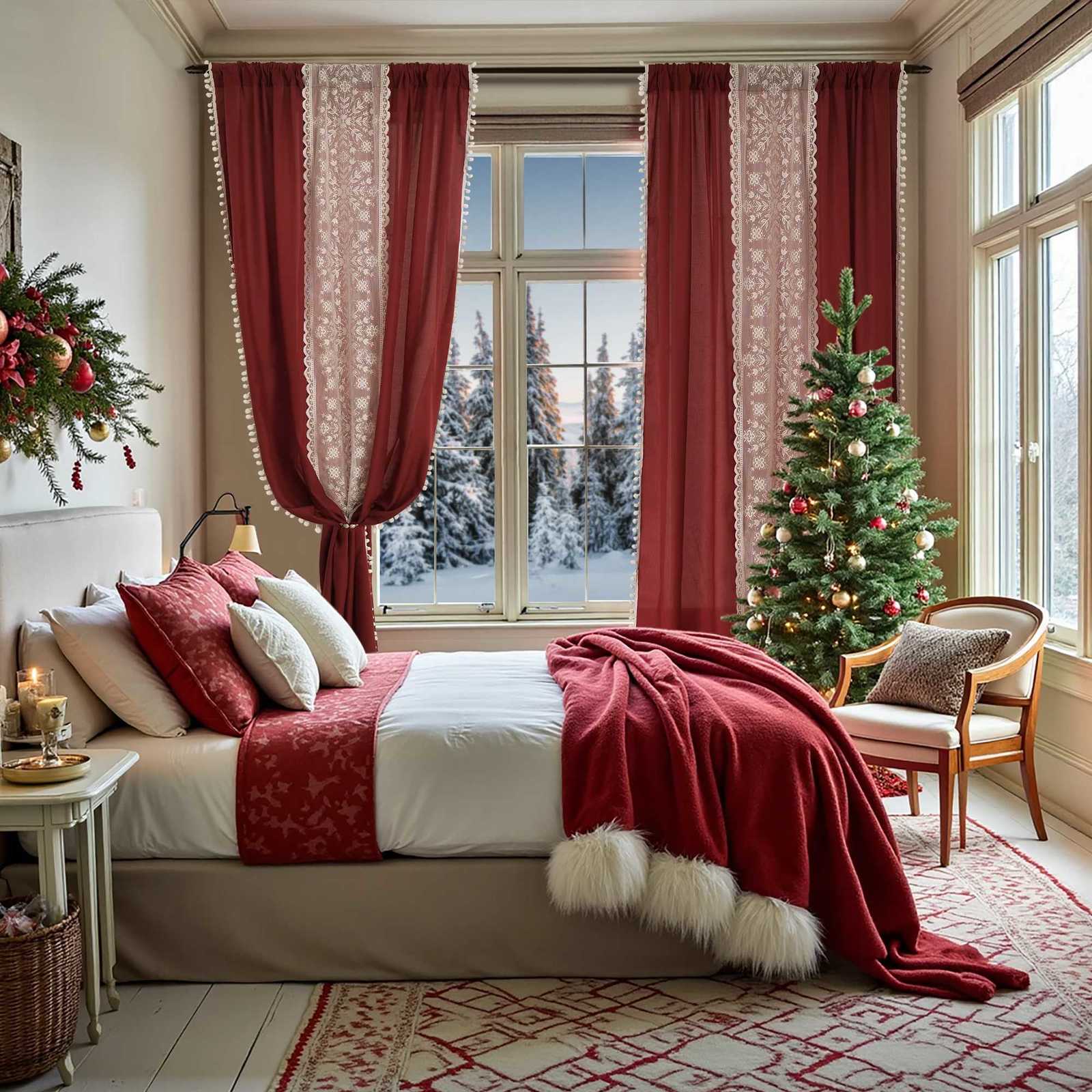 Curtain Christmas 1PC Christmas Red Polyester Pongee Semi-Transparent Snowflake Double-Sided Pom-Pom Rod Pocket Curtains Suitable for Christmas Y25112