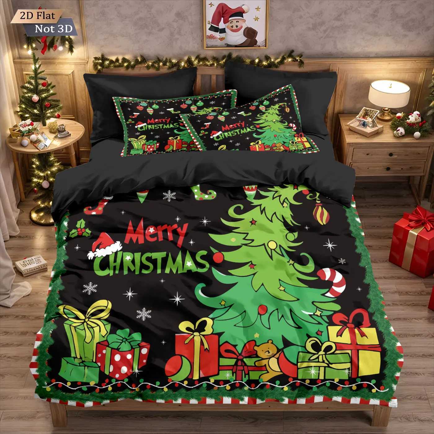 Christmas 3pcs cartoon Christmas tree HO element print coreless duvet cover set multi size bedroom holiday bedding decoration Y251126