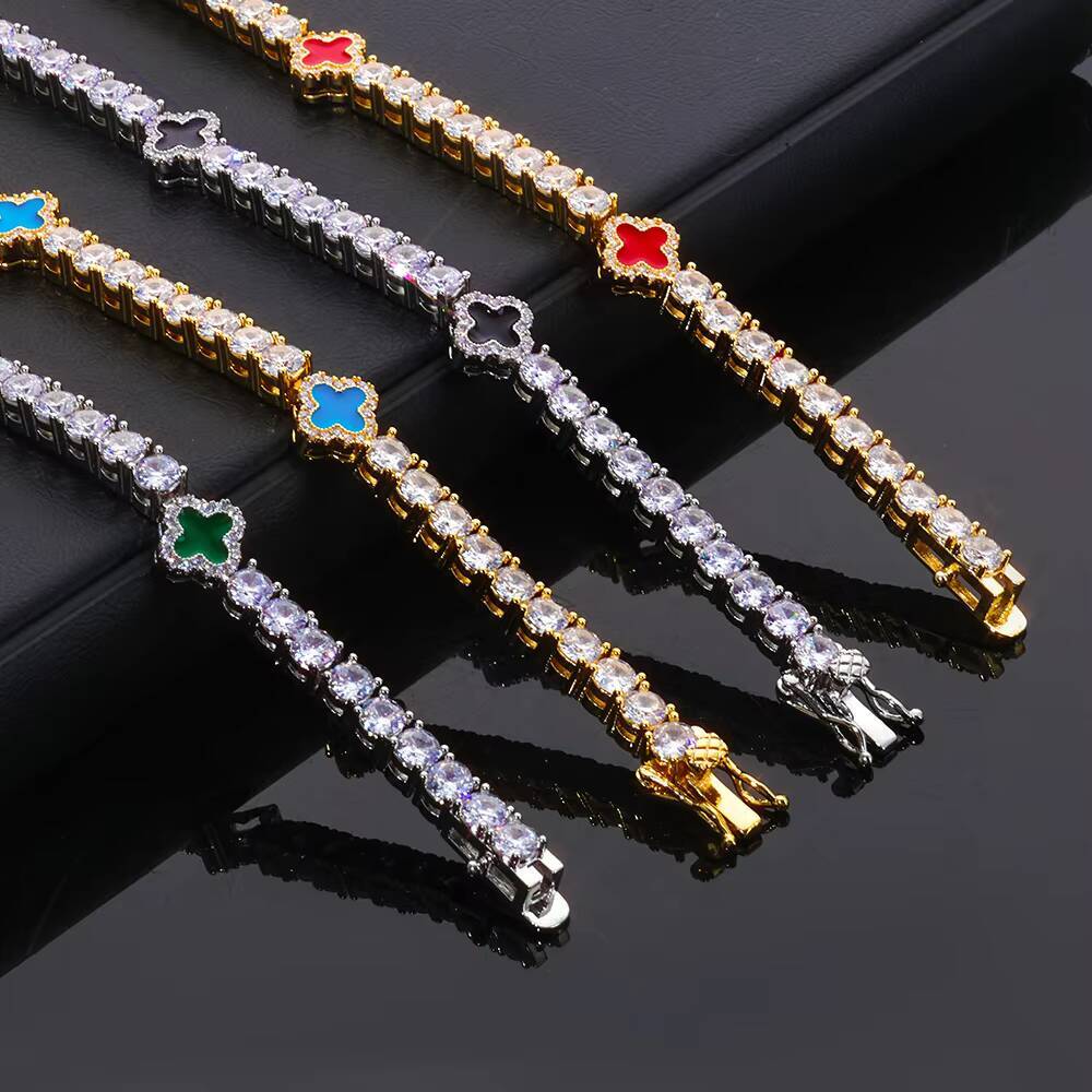 NUOYA Four Leaf Clover Tennis Choker Necklace for Women White Gold Plated Iced Out CZ Chain Fine Hip Hop Jewelry