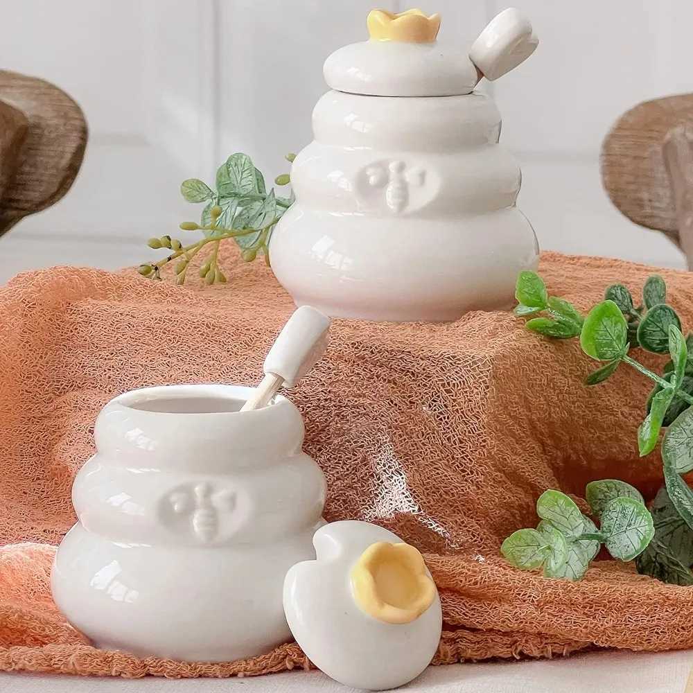 Kate Aspen Sweet as Can Bee Ceramic Mini Honey Pot with Wooden Honey Dipper 34 oz Honey Jar Bee Decor White/Yellow Y251126