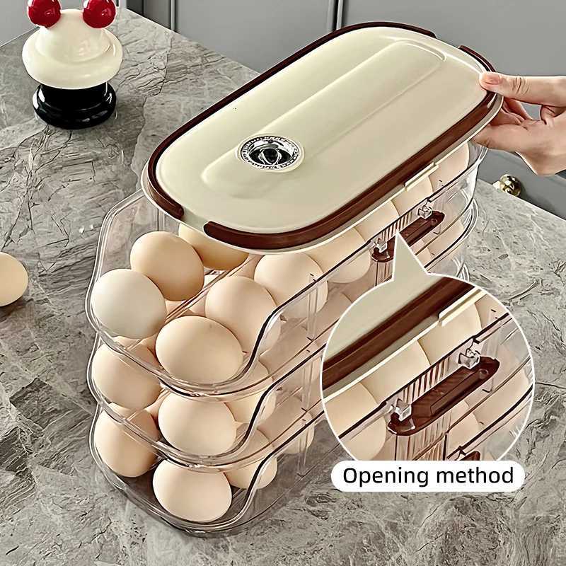Large Egg Holder for Fridge Automatic Rolling Egg Organizer Clear Plastic Egg Container Stackable Egg Dispenser and Storage Bin Y251126