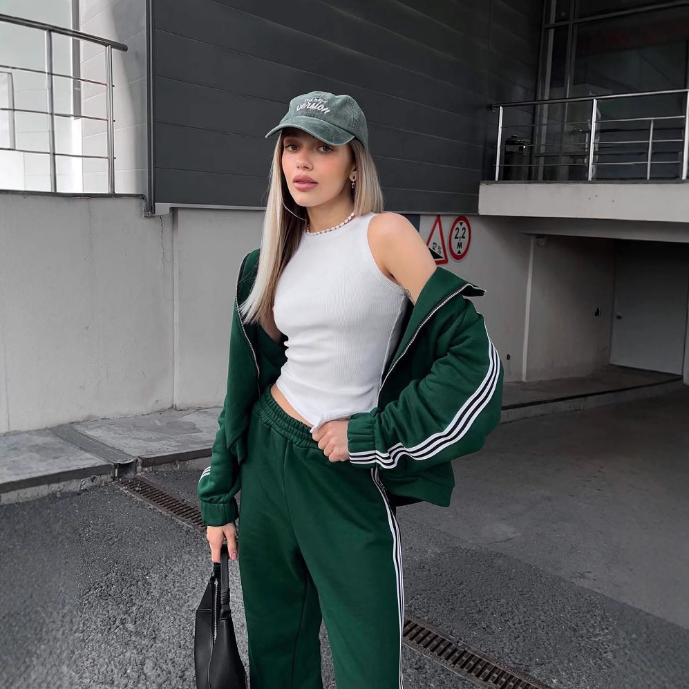 BOOFEENAA Spring 2020 Casaul Tracksuit Women 2 Piece Set Top And Pants Satin Striped Patchwork Zipper Sexy Sweatshirt Sweat Suit CX200707