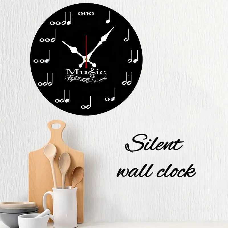 Music Note Wooden Round Silent Hanging Wall Clock Suitable For Living Room Office Study Room Bedroom Home Decoration C251126