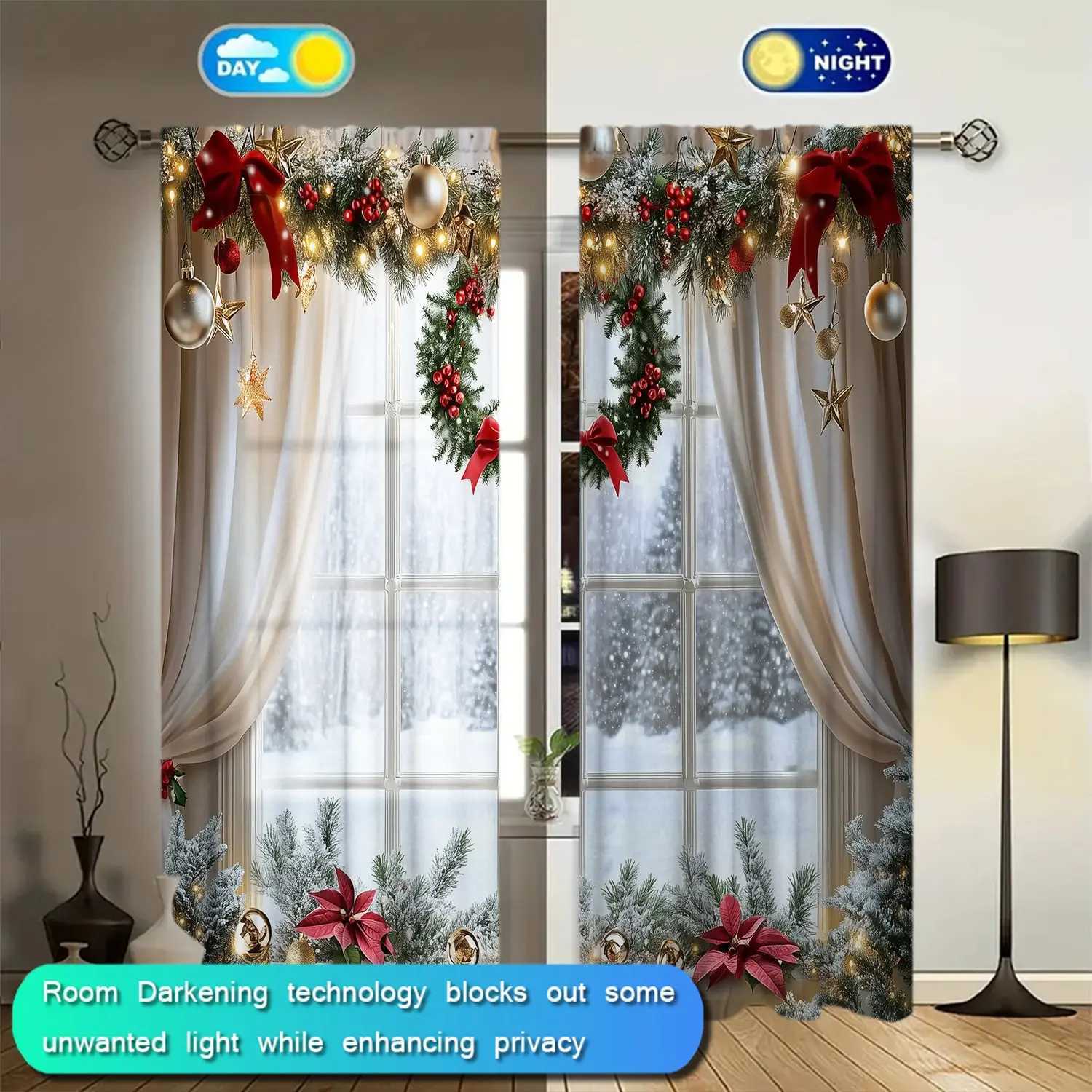 Christmas 2pcs Christmas Window Printed Curtain for Christmas Home Decor - Rod Pocket Window Treatment for Bedroom Office Kitchen Y251126