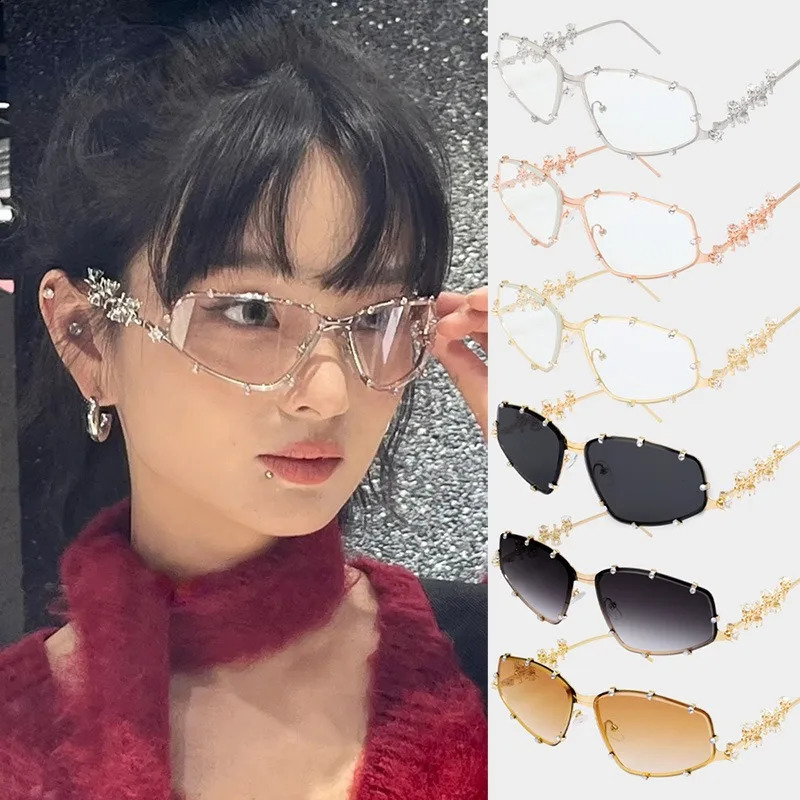 Rhinestone Irregular Sunglasses Women Men Silver Color Metal Small Frame Glasses Elegant Casual Sunglasses Fashion Accessories 250424