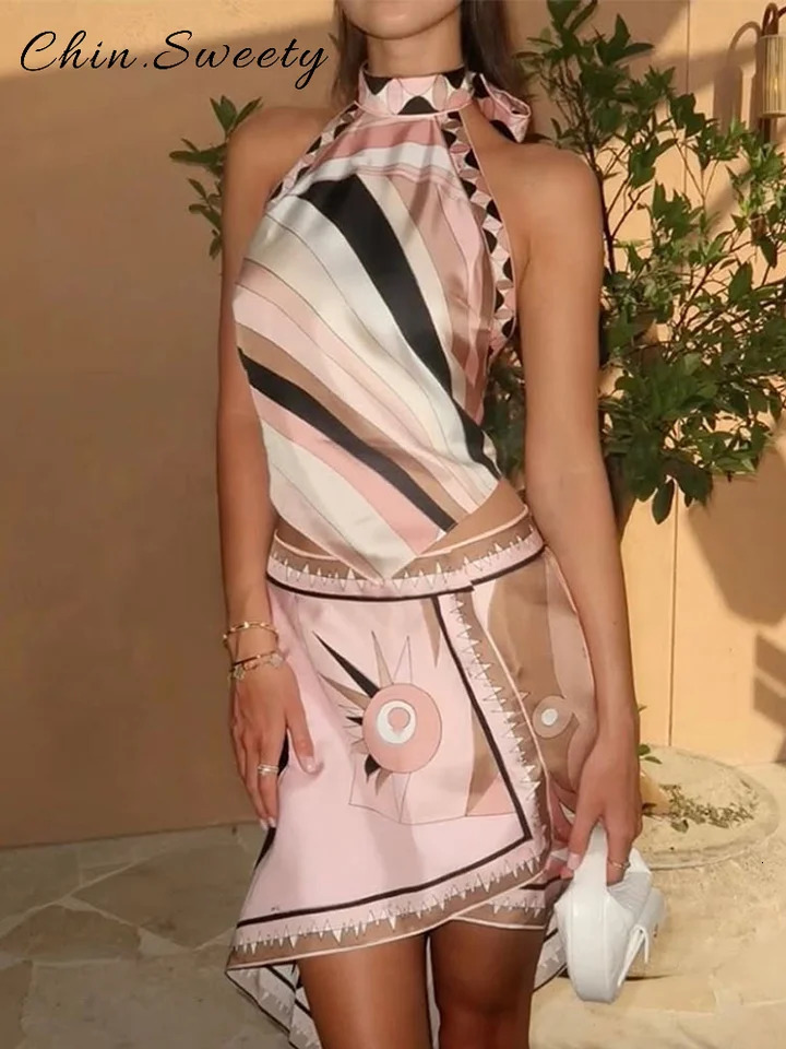 Fashion Halter Printed 3 Pieces Sets Women Lace Up Sleeveless Backless Tops Mini Shorts Asymmetric Skirts 2025 Summer Lady Suits 251126