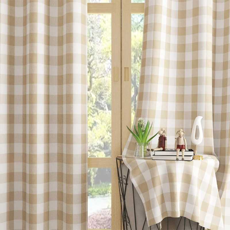 Curtain Christmas 1pc farmhouse khaki grid through pole curtains suitable for bedrooms living rooms and study rooms Y251126