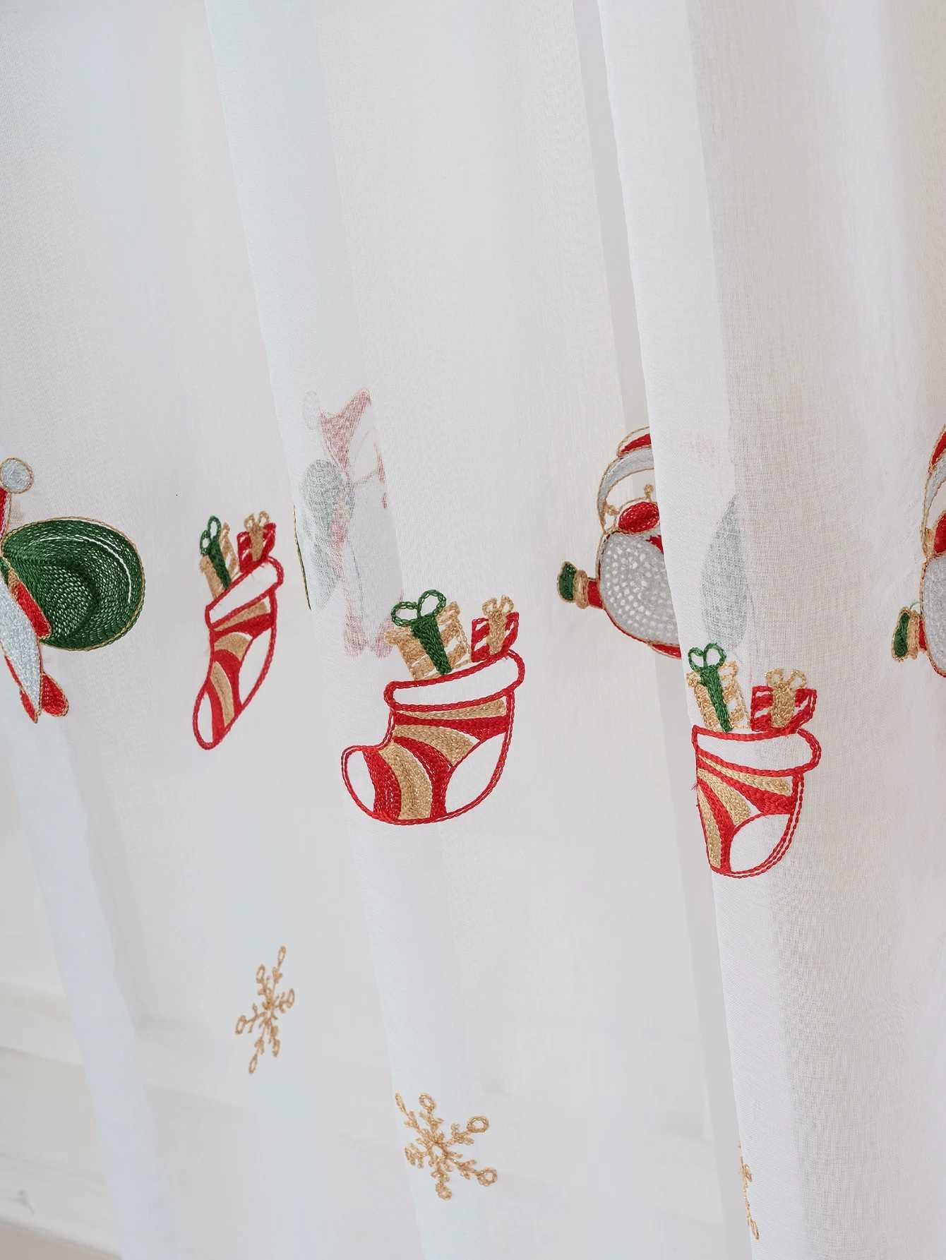 Curtain Christmas 1PC Festive Christmas Embroidered Stocking Thin Curtain Rod Pocket Included for Living Room Bedroom Window Decor Y251126