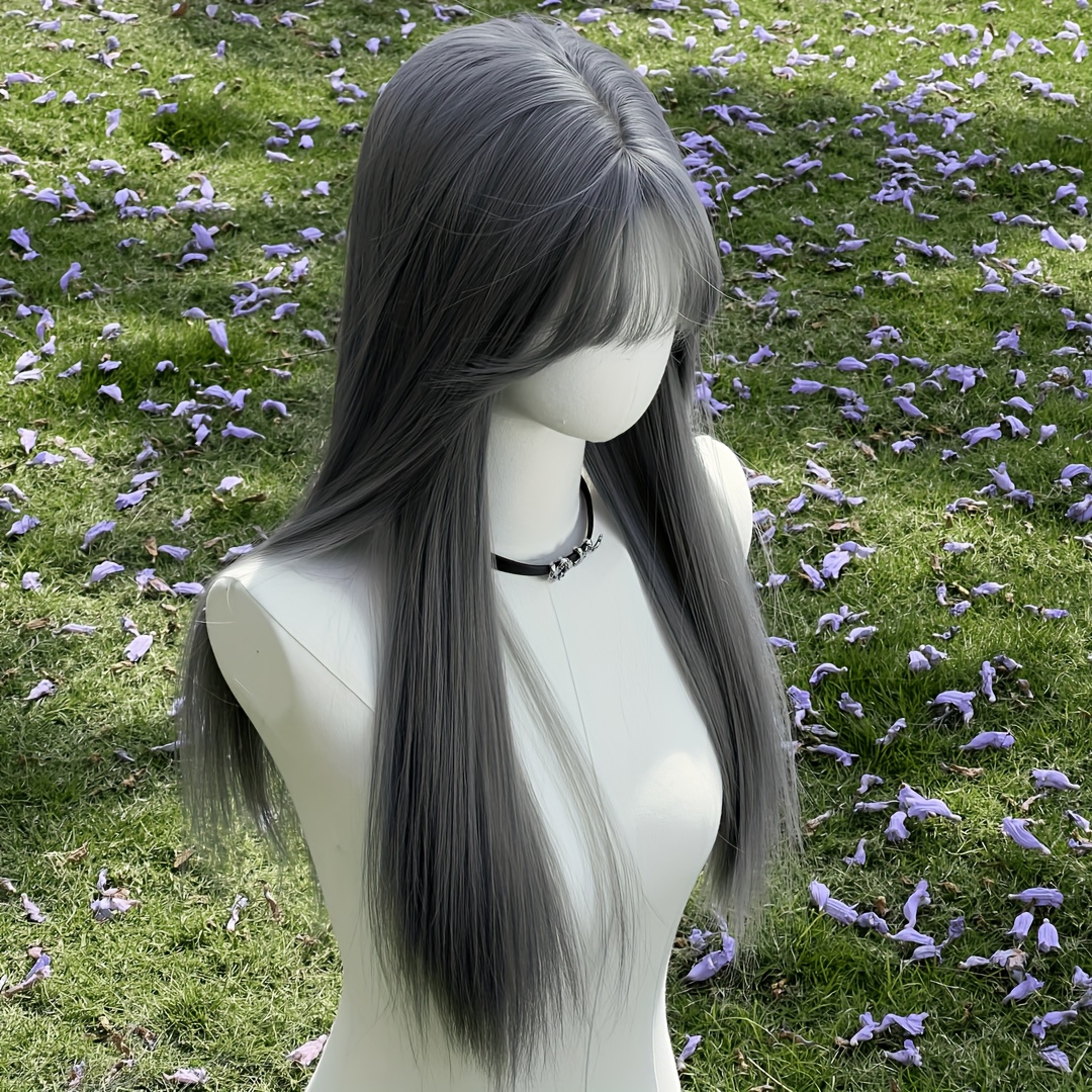 Elastic Rose Net Cap Wig - Silver Grey Synthetic Fiber Straight Long Hairstyle for Cosplay & Parties