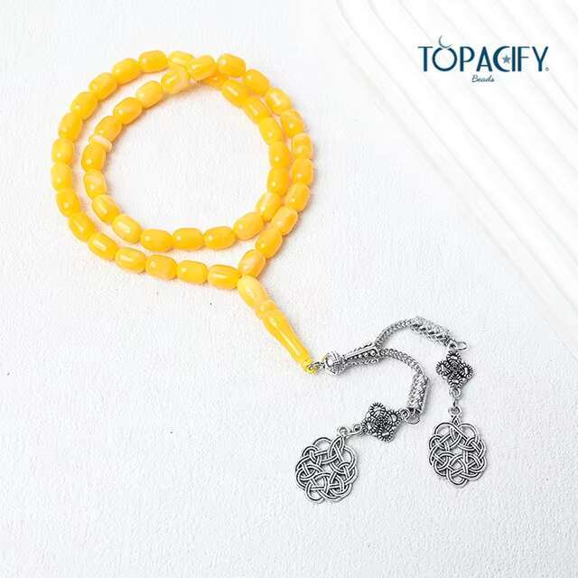 Hot Sale Isamic Misbaha Yellow Cylindrical 45-beads Prayer Religious Rosaries with Alloy Pendant Muslim Tesbih Gift for Eid