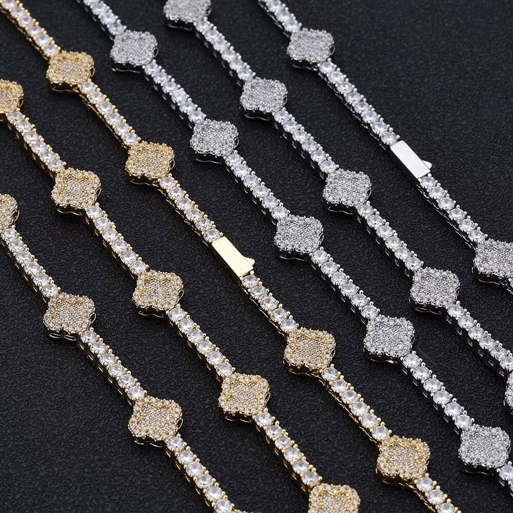 Hip Hop Jewelry 18K Gold Plated Tennis Chain Fine Jewelry for Women Four Leaf Clover Shiny CZ Diamond Tennis Chain Necklace