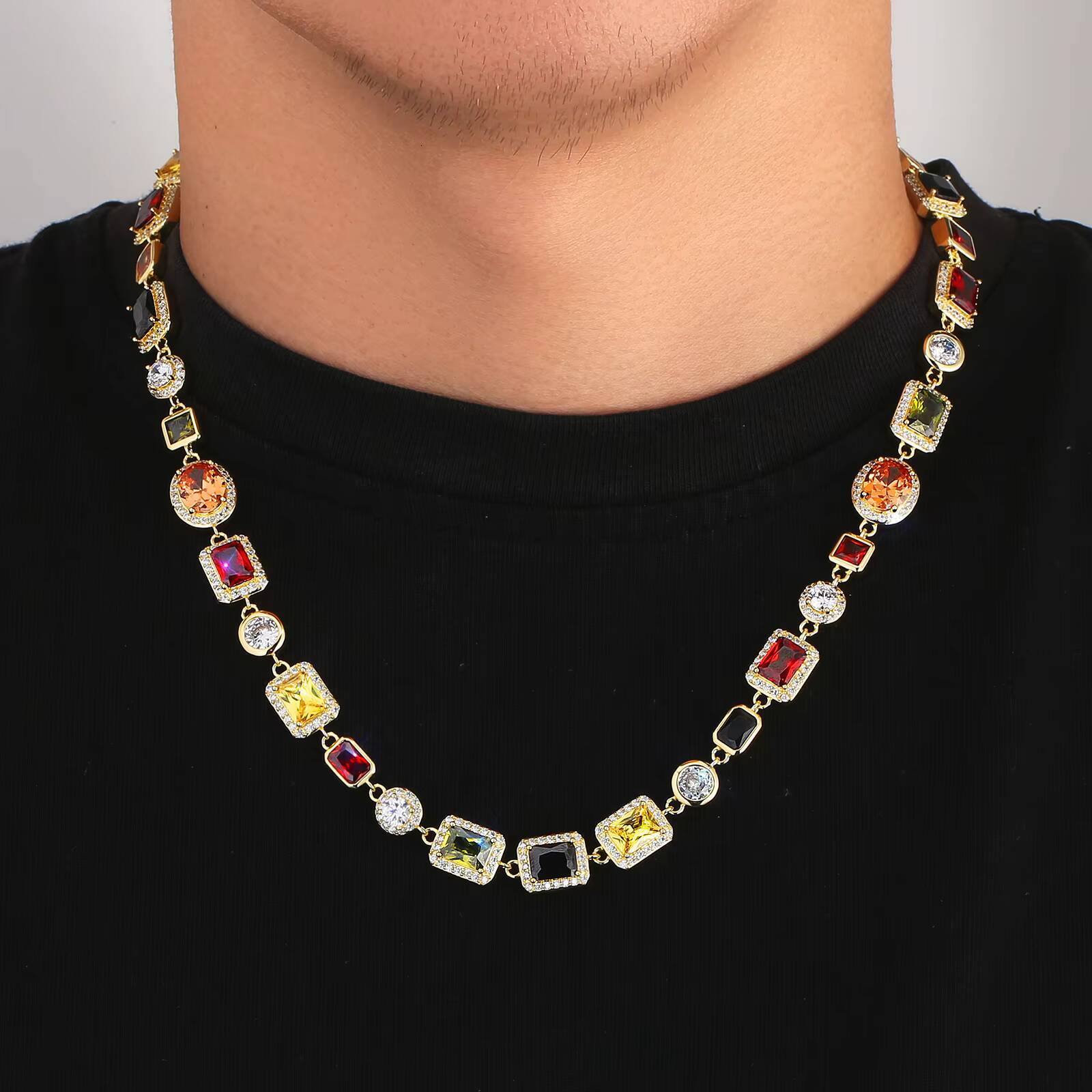 Luxurious Gemstone Necklace 18K Gold Plated Cubic Zirconia Emerald Ruby Aquamarine CZ Gem Stones Tennis Chain for Women Men