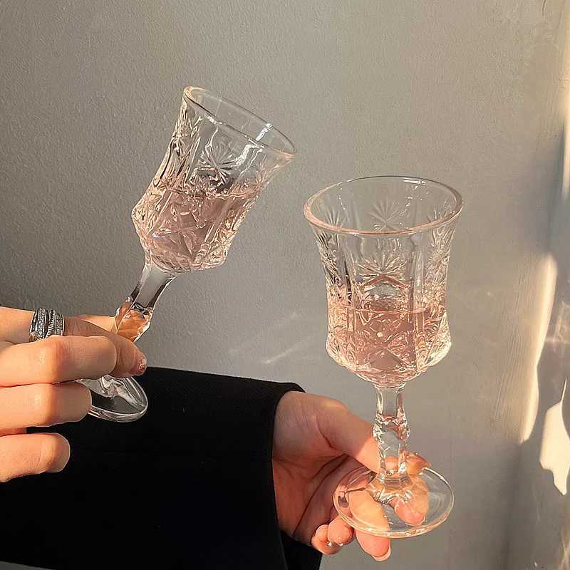ins cute cup horn transparent glass goblet large opening simple red wine glass embossed champagne cold drink cup C251126