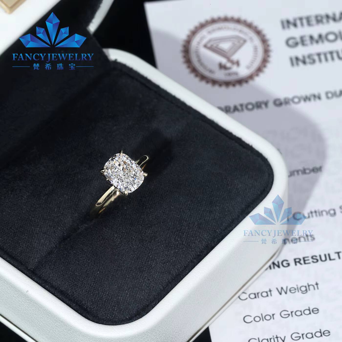 IGI Certificate Cvd Hpht10K 14K 18K Yellow Gold Romantic 1-5 Ct Cushion Shape Lab Grown Diamond Women Engagement Ring