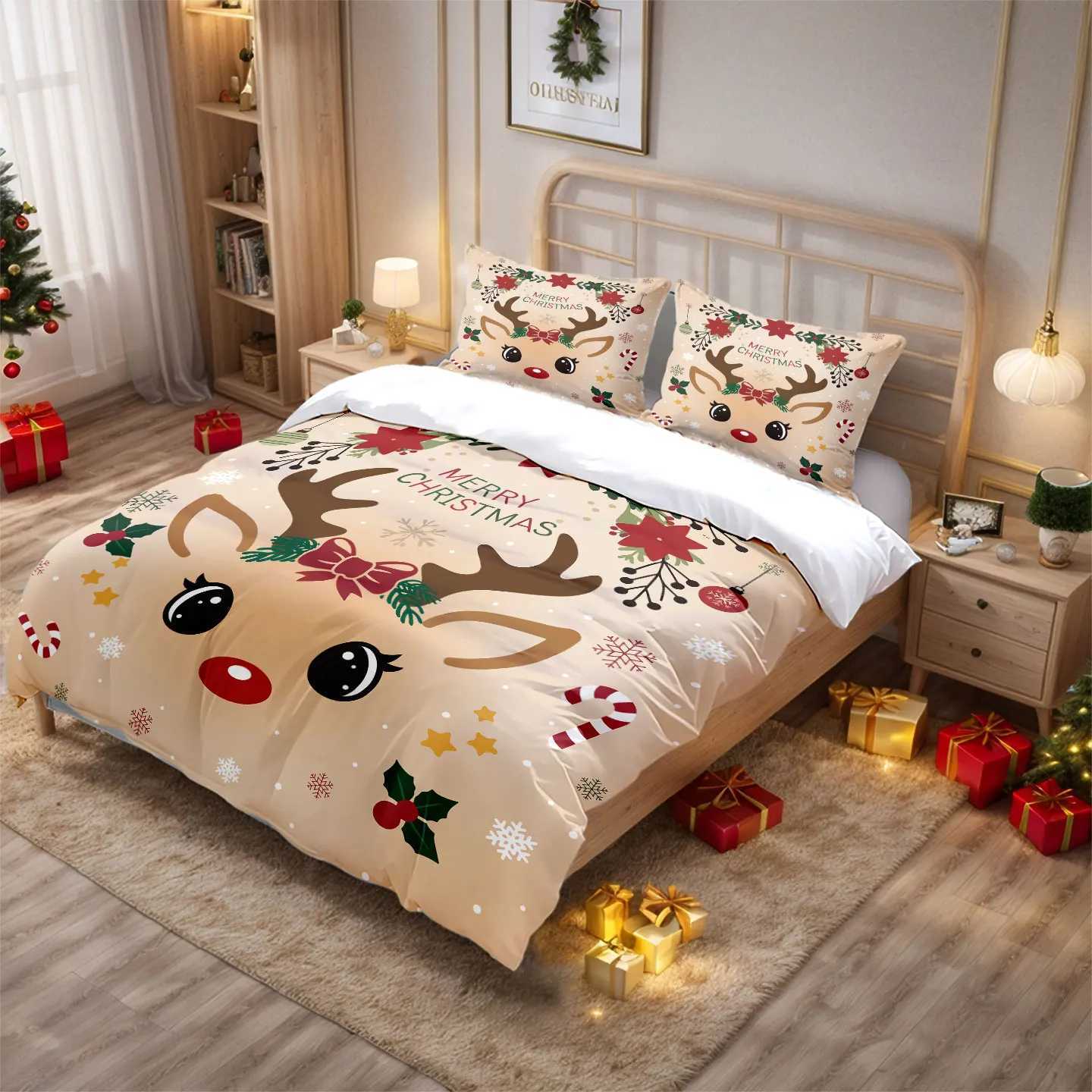 Christmas 3pcs Christmas Cute Reindeer Printed Chipless Bedding Set Multi Size Bedding Decoration for Bedrooms and Dormitories Machine W Y251126