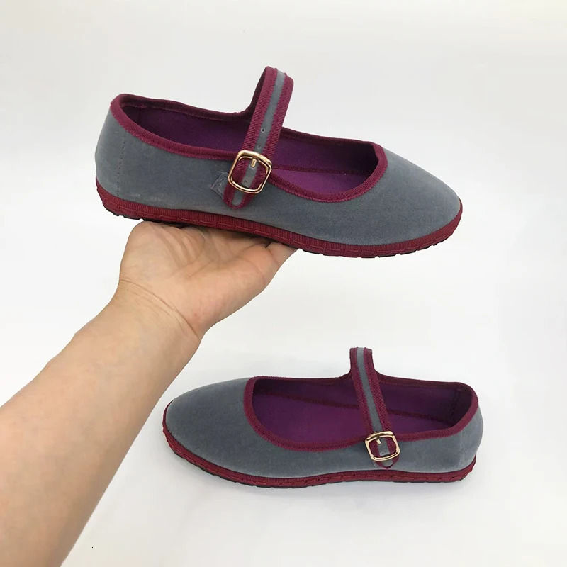 Gray Mary Jeans Flats Shoes Women Round Toe Hand Stitch Velvet Cloth Shoes Ladies Casual Soft Comfortable Ballet Shoes Loafers251126
