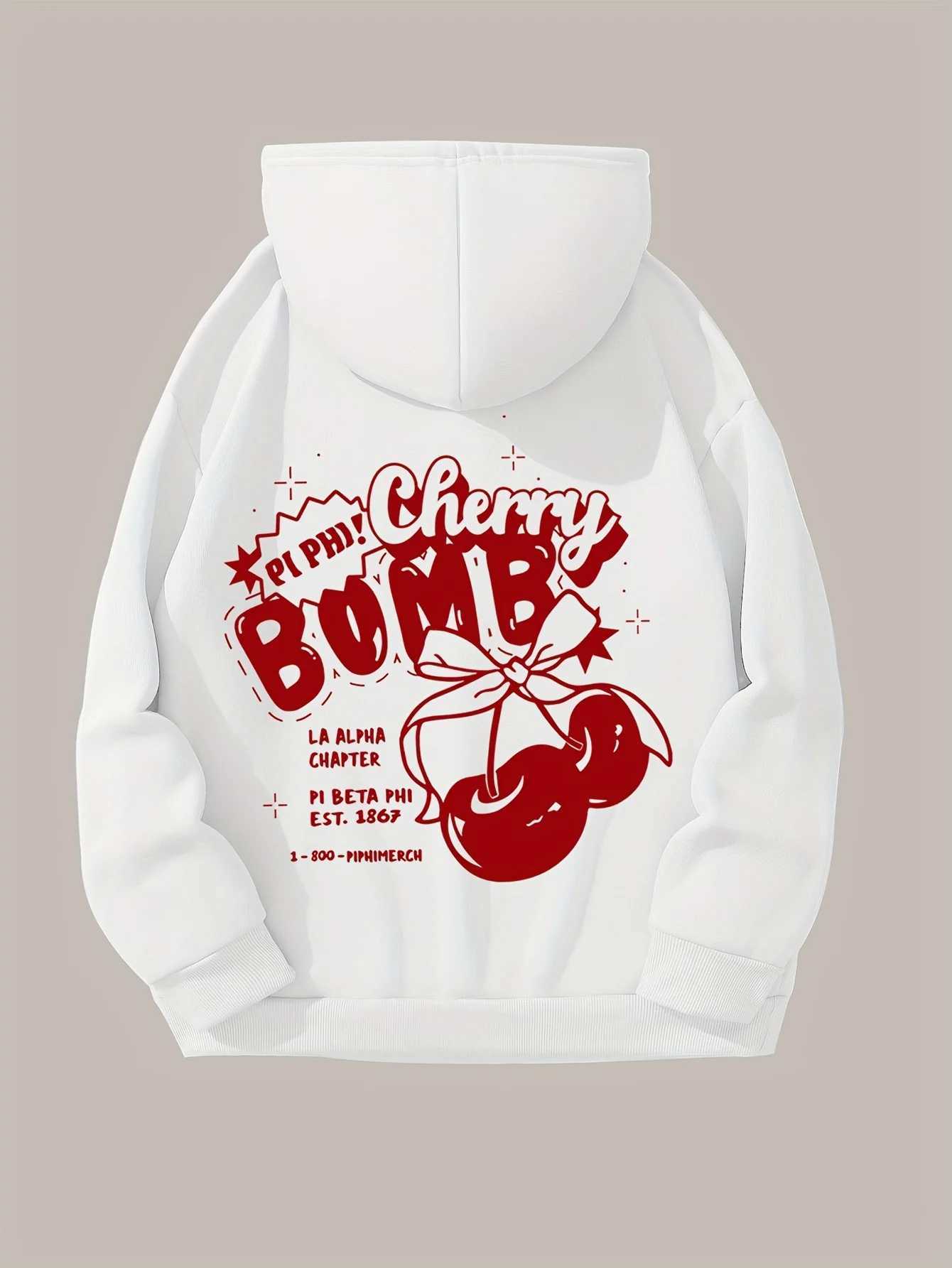 Cherry Letter Printed Autumn and Winter Womens Fashionable Hoodie Round Neck Top Casual Woman Hooded Sweatshirt Clothing J251136