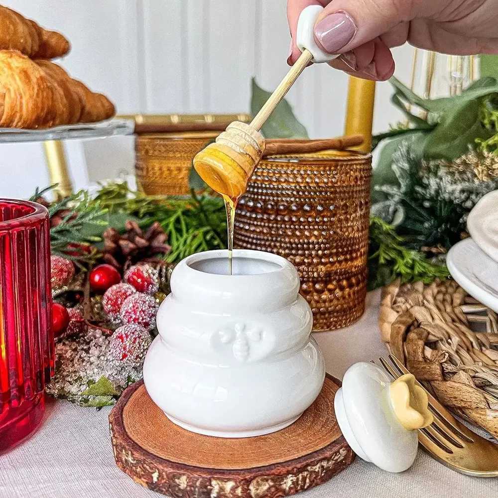 Kate Aspen Sweet as Can Bee Ceramic Mini Honey Pot with Wooden Honey Dipper 34 oz Honey Jar Bee Decor White/Yellow Y251126