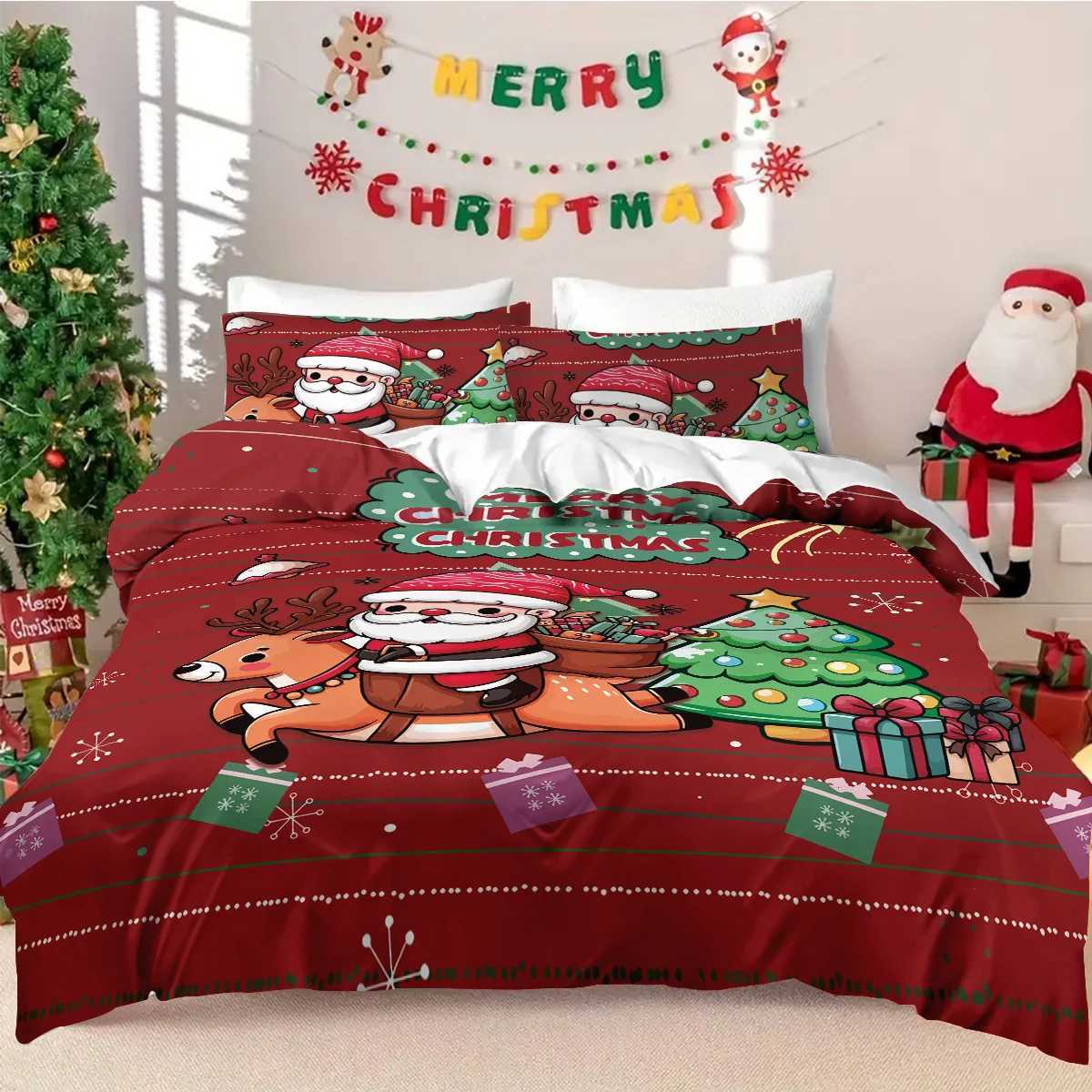 Christmas 3pcs Cartoon Santa Claus Printed Chipless Duvet Cover Set Multi Size Dormitory Bedroom Soft and Comfortable Machine Washable Y251126