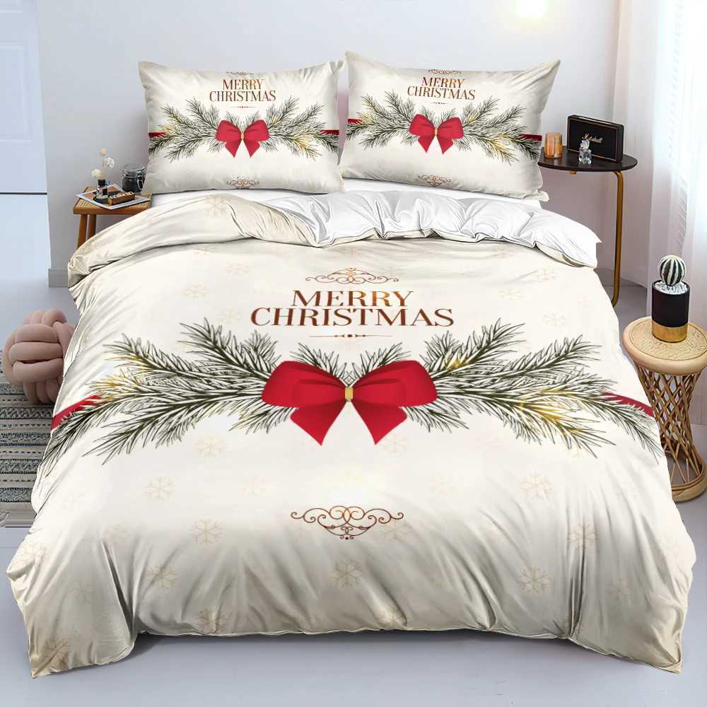 Christmas 3D Merry Christmas White Bedding Sets XMAS Duvet/Quilt Cover Set Polyester Comforter Cover King Queen Full Twin Red Bow Beige Y251126