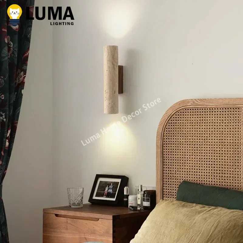 Wabi Sabi Style Yellow Travertine Wall Lamp Vintage Stone and Wood Sconce Light for Bedroom Bedside Living Room Stair Home Decor M251126